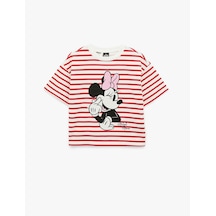 Koton Lisanslı Minnie Mouse Baskılı Kısa Kollu Bisiklet Yaka Pamuklu Çizgili Tişört Kırmızı Çizgili 6skg10654ak