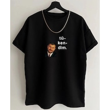 Startmore Unisex Siyah Tükendim Baskılı Bisiklet Yaka Tshirt Siyah