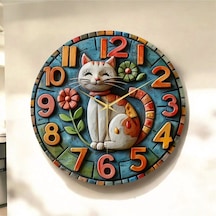 Kedi Çiçek Renkli Baskı Desenli Sayılı Hediyelik Ahşap Sessiz Tablo Duvar Saati 130 Renkli