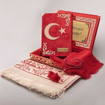 Şal+Seccade+Tesbih+AyYıldız Kuran Set (Orta, Kırmzı, Gold Pleksi)
