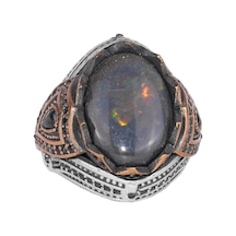 925 Ayar Gümüş Erkek Yüzük - Doğal Opal - Bronz Kaplama Detaylar - El Yapımı Dikkat Çekici Parça Gümüş