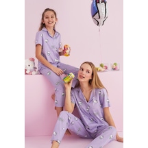 Siyah İnci Lisanslı %100 Pamuk Çok Renkli Düğmeli Pijama Takım Hk055 Lila
