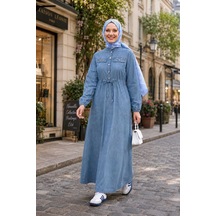 Hb Harma Time Butik Kadın Düğmeli Taş İşlemeli Bağcıklı Açık Mavi Kot Elbise Açık Mavi Açık Mavi