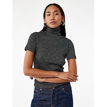 Koton Slim Fit Kaşkorse Simli Balıkçı Yaka Kısa Kollu Tişört Siyah 6wak50038ek SIYAH