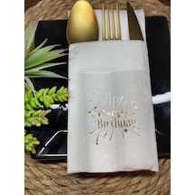 Gold Yaldızlı Beyaz Cepli Happy Bırthday Peçete 12 Adet 40x40