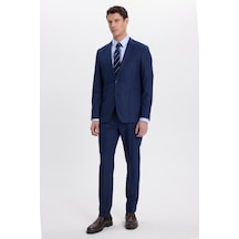 Tudors Erkek Regular Fit Koyu Lacivert Mono Yaka Beli Bağcıklı Torba Cepli Takım Elbise-41963 Koyu Lacivert