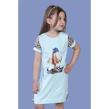 Toontoy Kız Çocuk Leopar Detaylı Baskılı Elbise Su Yeşili