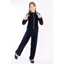 Toontoy Kids Toontoy Kız Çocuk 2'li Takım Dik Yaka Fermuarlı Sweatshirt & Beli Lastikli Cepli Bol Paça Eşofman Altı - Kadife Lacivert