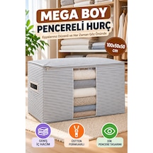 Gri Çizgili Mega Boy Pencereli Hurç 100x50x50 Cm Yorgan Battaniye Kıyafet Saklama Düzenleyici Hurç