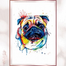 Renkli Pug Pvc Tablo - Sevimli Sulu Boya Köpek Pvc Tablo