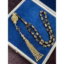 Gold Renkli Aksamlı Siyah Altın Varaklı Uçak Camı Tesbih 12x8 Mm