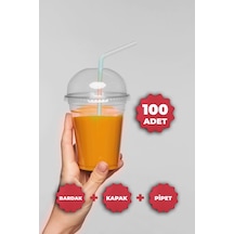 Plastik Milkshake Bardağı Kapak Pipet 12 Oz 350 Cc - 100 Adet