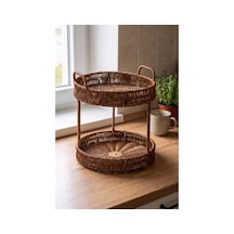 Hasır Rattan 2 Katlı Organizer Ve Sunumluk Sepeti Dekoratif Yuvarlak Hasır Meyvelik, Kahvaltılık, Mutfak Düzenleyici, Banyo Organizer, Tezgah Üstü Düzenleyici 24 X 29 Cm Kahverengi Kahverengi