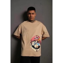 Erkek Mario Baskılı Oversize T-shirt - Bej 001