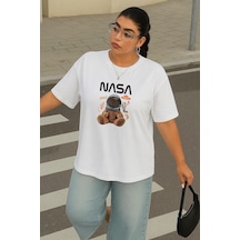 Büyük Beden Nasa Ayıcık Baskılı Unisex Tişört Beyaz