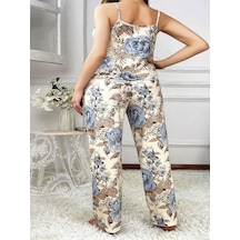 Büyük Beden Mavi Çiçek Desenli İnce Askılı 2'li Saten Pijama Mavi