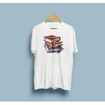Oversize Üst Üste Kitaplar Baskılı Unisex T-shirt Beyaz