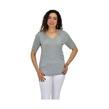 Kadın Yarım Kol V Yaka Likralı Tişört Bgl-st04651 Gri