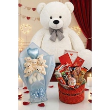 3 Lü Kadınlar Günü Hediye Seti 90 Cm Peluş Ayı, Love Çikolata Sepeti & Mavi Peluş Ayıcık Buketi 27147166