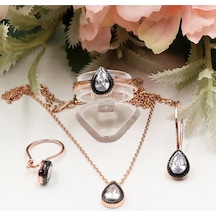 Elmas Montürlü Damla Tek Taşlı Set Rose Gold - Gümüş