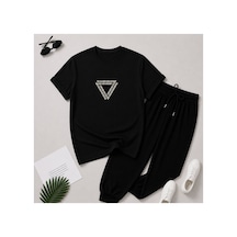 Herkesemoda Yazı Baskı Detaylı T-shirt Eşofman Takımı Siyah