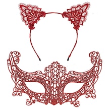 Romantik Kırmızı Dantel Maske Seti Kedi Kulaklı Taç Ve Maske 3 No 5691 "