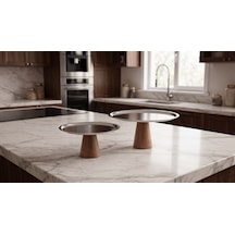Famwoodart 2'li Ahşap Ayaklı Çelik Metal Sunum Tabağı,kek-pasta Standı,şekerlik,peynir Tabağı 28 Ve 21 Cm Metal - Ceviz