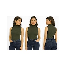 İngegno Body Yarım Balıkçın Yaka Sıfır Kol Viskon Örme Ring Kumaş Body Haki