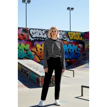 Benerly Kadın Bisiklet Yaka Düşük Kol Çizgili Örme Geniş Kesim Sweatshirt siyah