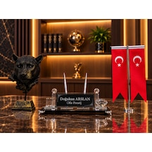 Kişiye Özel 3 Parça Kristal Masa İsimliği Türk Bayraklı Panter Figürlü Ofis Masa Seti Siyah