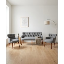 Roma 3+1+1 Keten Kumaş Balkon Ofis Çay Seti Bekleme Koltuk Takımı - Ahşap Ayak - Açık Gri