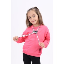 Toontoy Kız Çocuk Relax Fit Bisiklet Yaka Düşük Omuz Baskılı Sweatshirt - Bağcık Detaylı & 2 İplik Fuşya