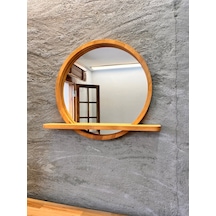 70x70 Cm Raflı Masif Kayın Ağacı Yuvarlak Ayna İskandinav Tarzı Antre Ve Banyo Aynası Kayın Ahşap