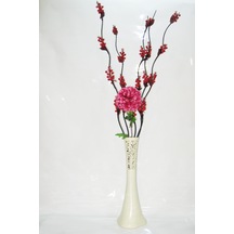 60 Cm Desenli Krem Vazo 5 Adet Kırmızı Üzüm Çiçek Mor Ortanca