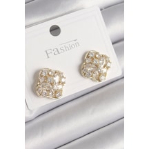 Pirinç Gold Renk Zirkon Taşlı Yonca Model Kadın Küpe Çok renkli