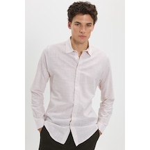 Tudors Erkek Slim Fit Dar Kesim %100 Pamuk Çizgili Uzun Kollu Keten Efektli Bej Gömlek-46299