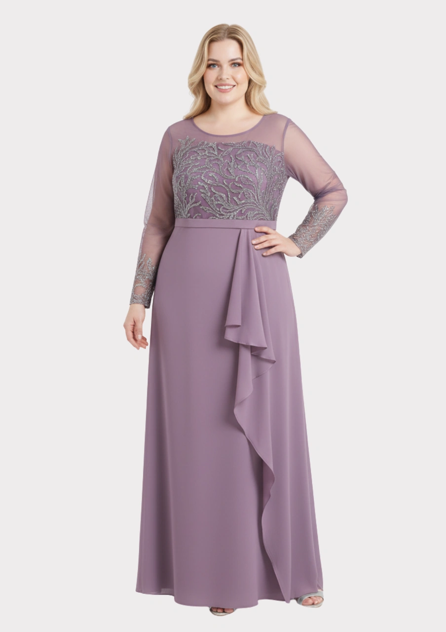 Lilas Xxl Büyük Beden Glitter Baskı Fırfırlı Lavanta Renkli Abiye Elbise Lavanta