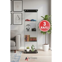 3 Raflı Sade Cam Vitrin Dolap Gümüşlük Koleksiyon Sergi Kitaplık Kapaklı Büfe Mutfak Raflı Vitrin Detolf Siyah
