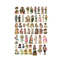 52 Adet Vintage Art Sanat Sticker Seti - Etiket Seti Scrapbook Bullet Journal Çok Renkli