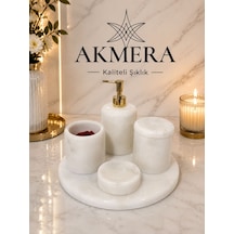Akmera Elite 5 Parça %100 Gerçek Mermer Banyo Seti Beyaz - Gümüş