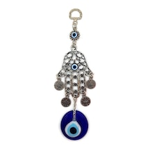 Fatma Eli - Hamsa Metal Duvar Süsü Cam Nazarlık Sallantılı 20x6cm