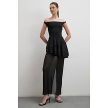 Boyun Askılı Fırfırlı Tül Elbise Siyah Siyah