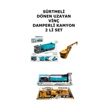 Sürtmeli Dönen Uzayan Vinç Damperli Kamyon 2 Li Set 25 Cm