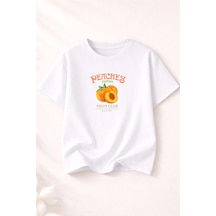 Herkesemoda Peaches Baskı Detaylı Kadın Bisiklet Yaka Pamuklu T-shirt Beyaz