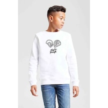 Tshirthane Daft Punk Helmet & Yazi Baskılı Unisex Çocuk Beyaz Sweatshirt Beyaz