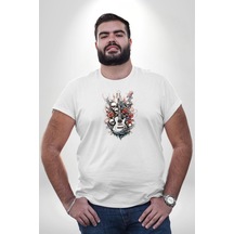 Angemiel Gitar Kafatası Güller Doğa Uyumu Beyaz Büyük Beden Kadın Erkek Ünisex Basic Ön Baskılı Tişört Beyaz