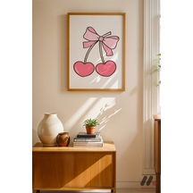 Kurdeleli Kiraz İllüstrasyonu, Ahşap Çerçeveli Duvar Tablosu - Motivasyon Hediyesi