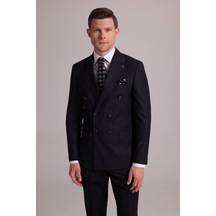 Erkek Siyah Slim Fit Çizgili Kruvaze Yün Takım Elbise