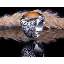 Kalem İşleme Motifli Kaplangözü Taşlı Gümüş Yüzük