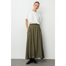 Mizalle Modal Karışımlı Haki Beli Lastikli Maksi Etek Haki